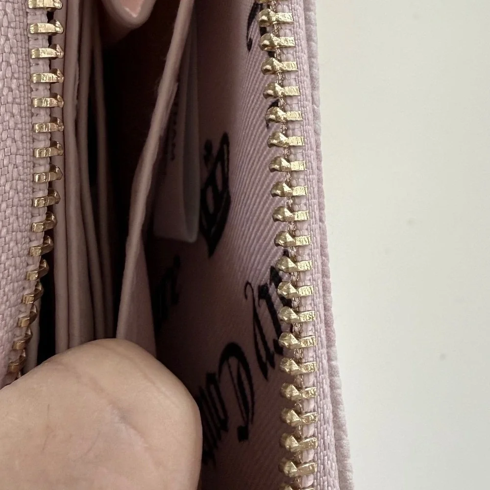 Juicy Couture Overstated Pink Gothic Logo Zip Around‎ Wallet Heart Charm NWT